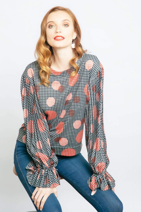 Hart Pleated Sleeve  Top - Congo Dot